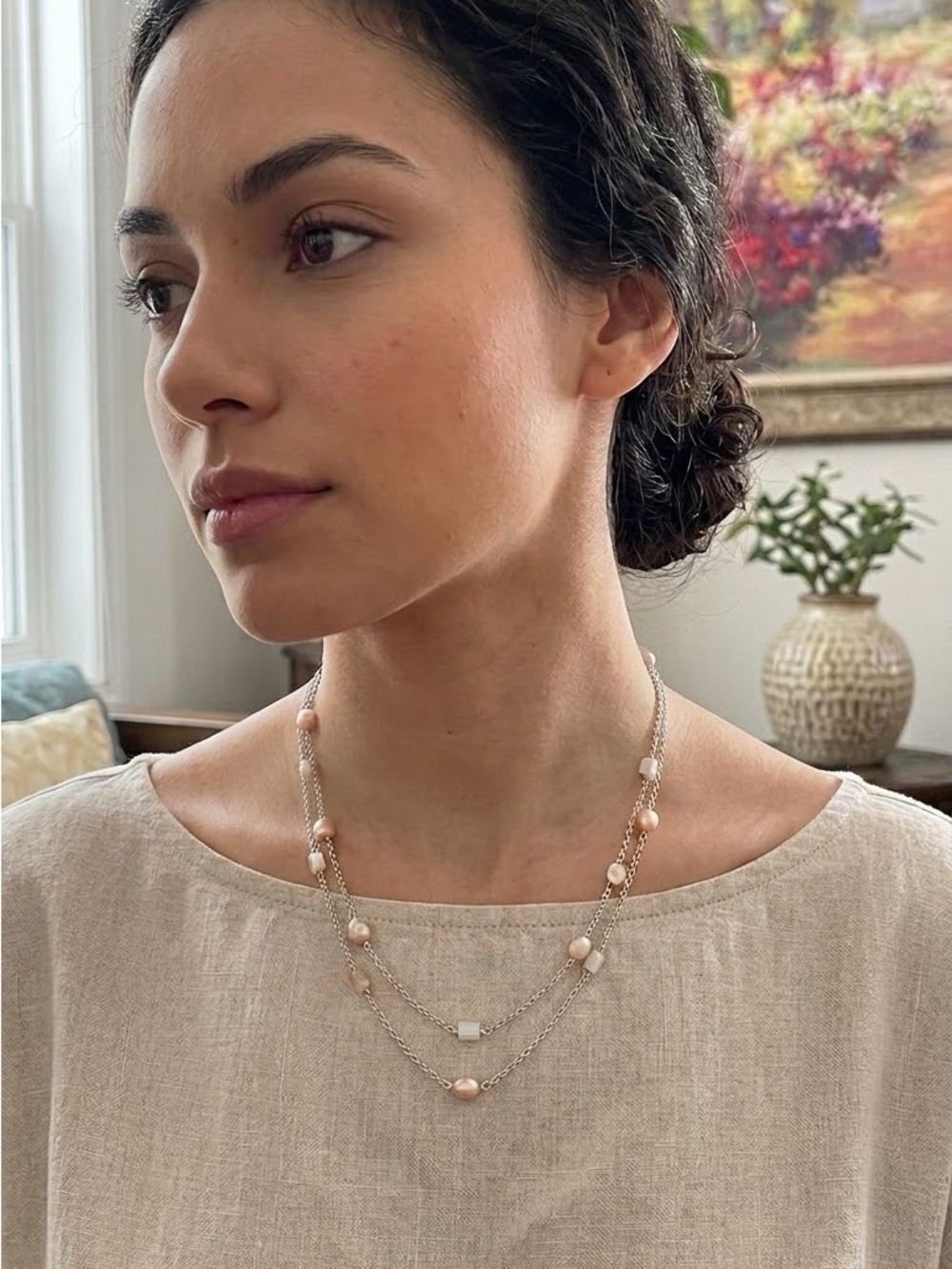 Dainty Pink Pearl Layered Necklace